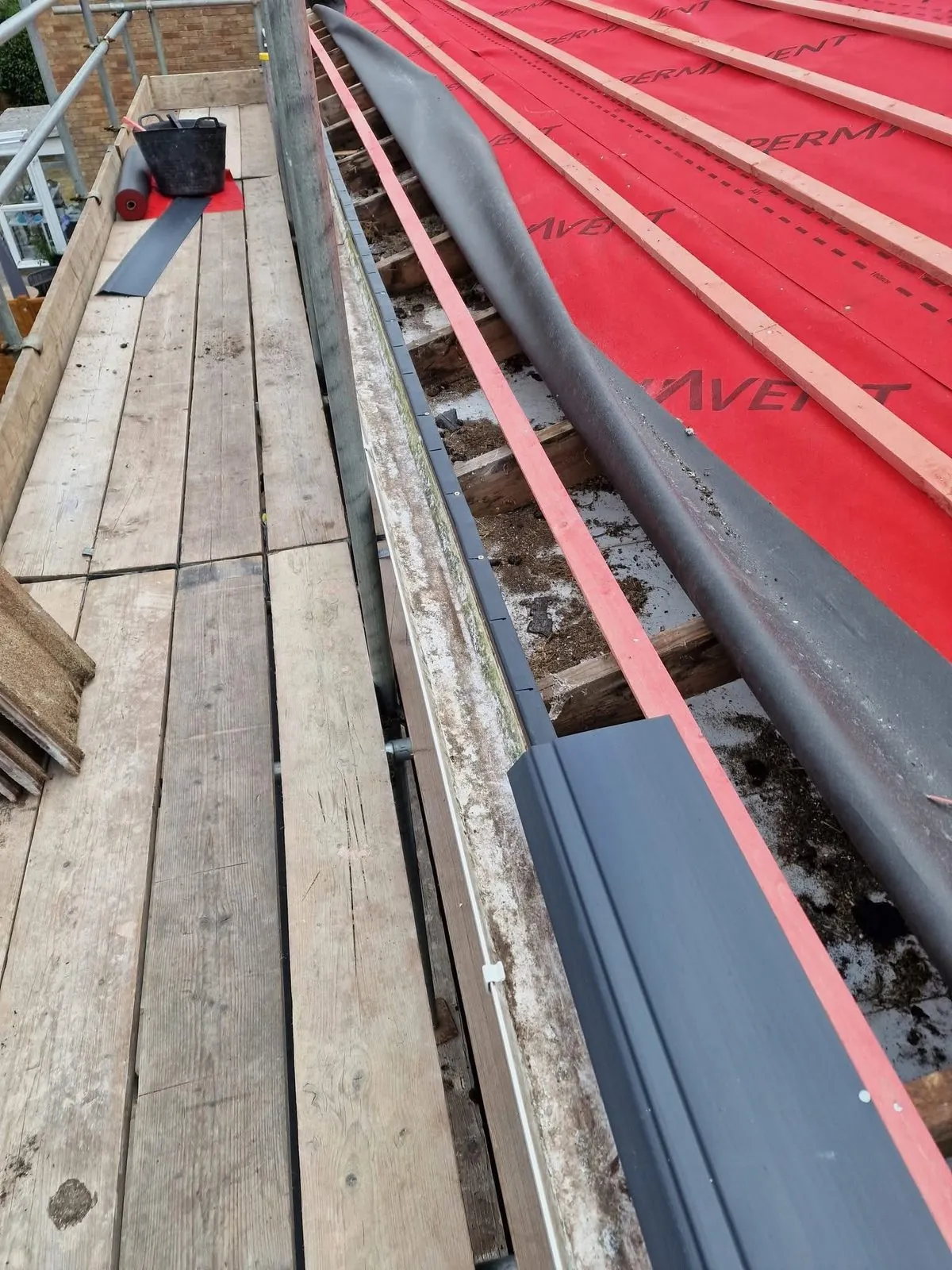 Breathable membrane and battens fitted during a re-roof in Callington